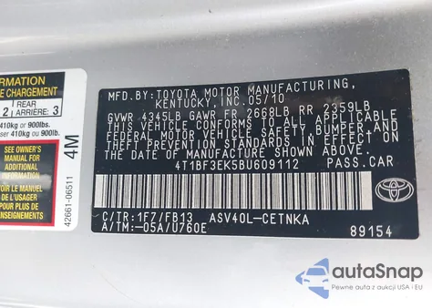 2011 Toyota Camry Se/Le/Xle из США, поврежденный, VIN 4T1BF3EK5BU609112